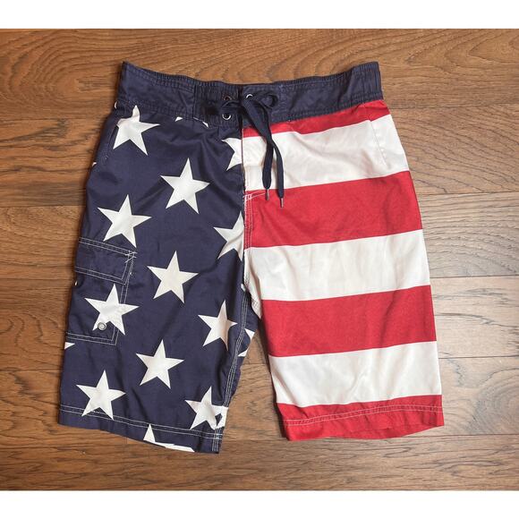 American Flag Swim Trunks USA Patriotic Stars Stripes Swimsuit Shorts - Picture 1 of 8